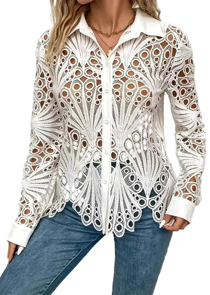 Women's Blouse Turn-Down Collar Hollow Out Design 1