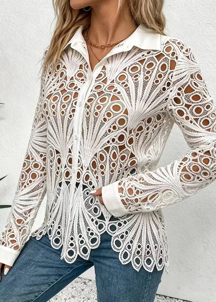 Women's Blouse Turn-Down Collar Hollow Out Design 2