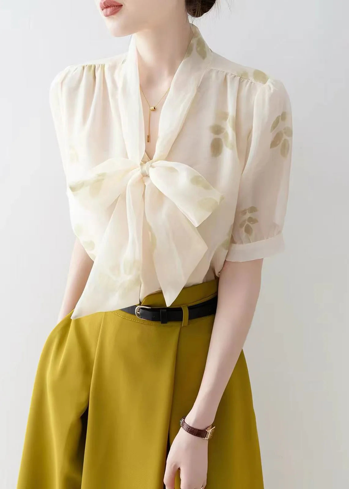 Women's Blouse V Neck Lace-Up Bow Short Sleeve 1