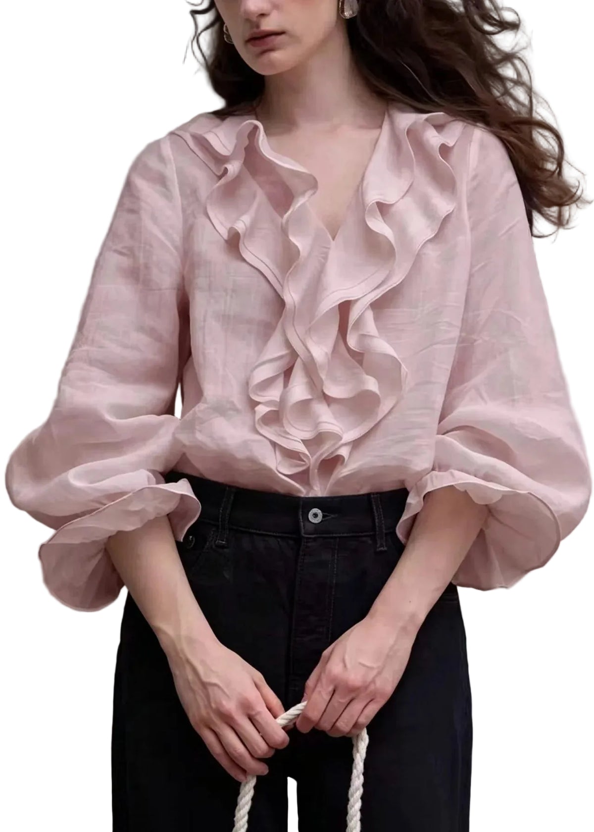 Women's Blouse V Neck Ruffled Puff Sleeve 0
