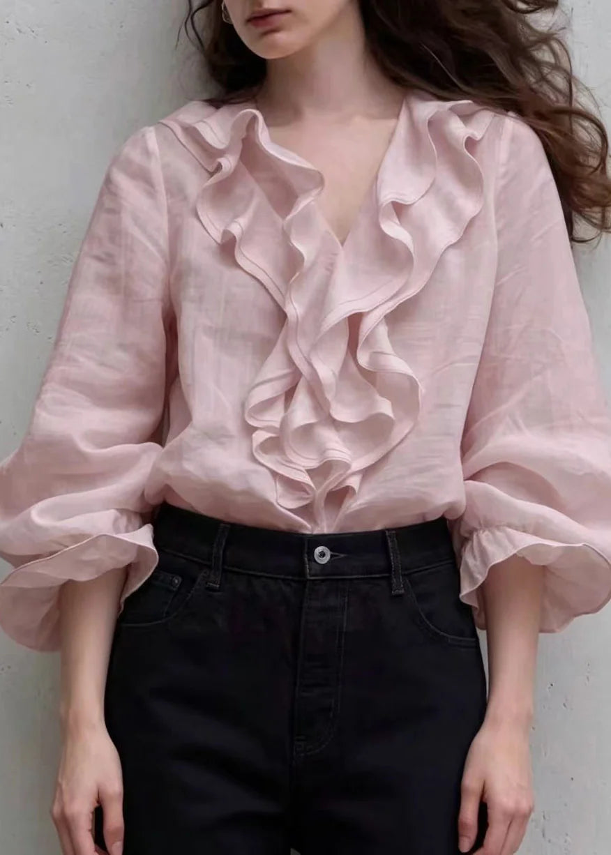 Women's Blouse V Neck Ruffled Puff Sleeve 1