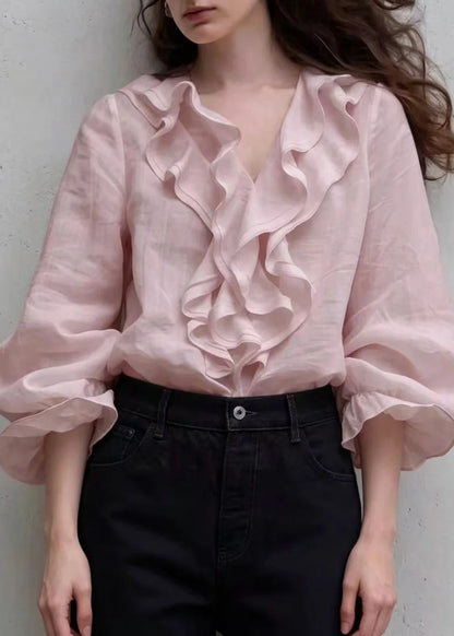 Women's Blouse V Neck Ruffled Puff Sleeve 1