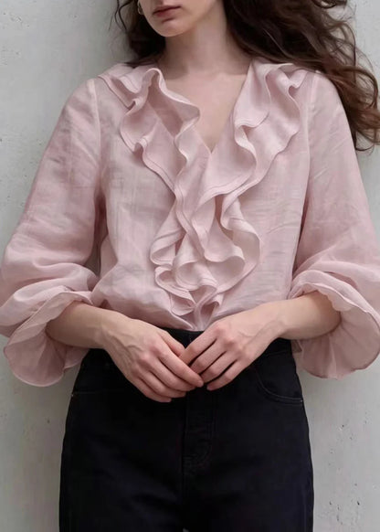 Women's Blouse V Neck Ruffled Puff Sleeve 2