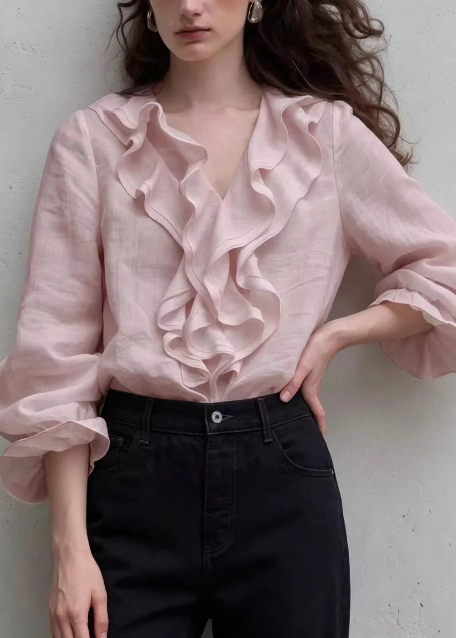 Women's Blouse V Neck Ruffled Puff Sleeve 3