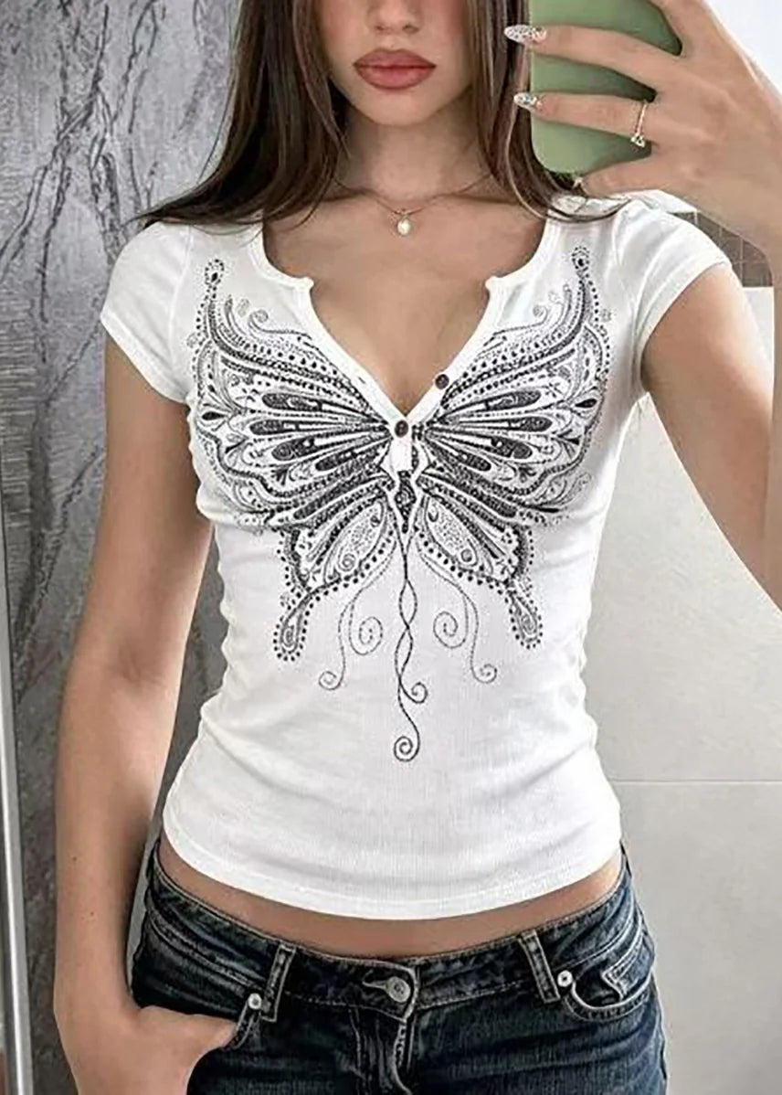 Women's Blouse V Neck Short Sleeve Butterfly Print 0