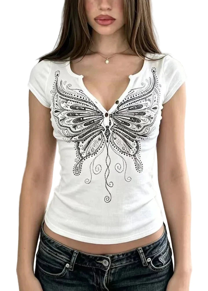 Women's Blouse V Neck Short Sleeve Butterfly Print 1