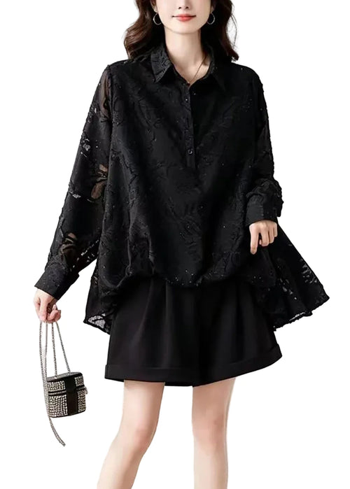 Women's Blouse with Turn-Down Collar and Ruffle Detail 0