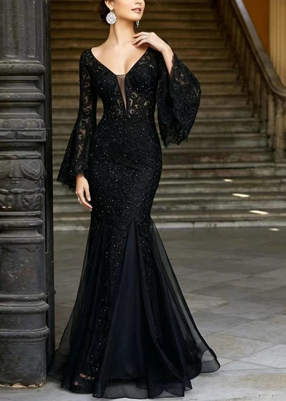 Women's Bohemian Dress V Neck Embroidered Patchwork with Flare Sleeves 2