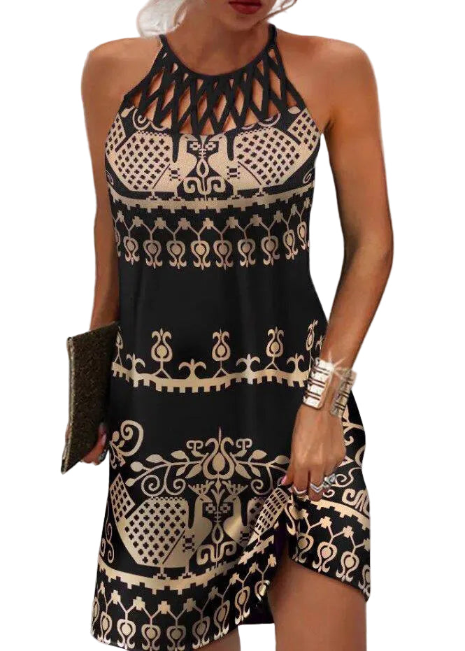 Women's Bohemian Print Halter Dress Mid Length 0