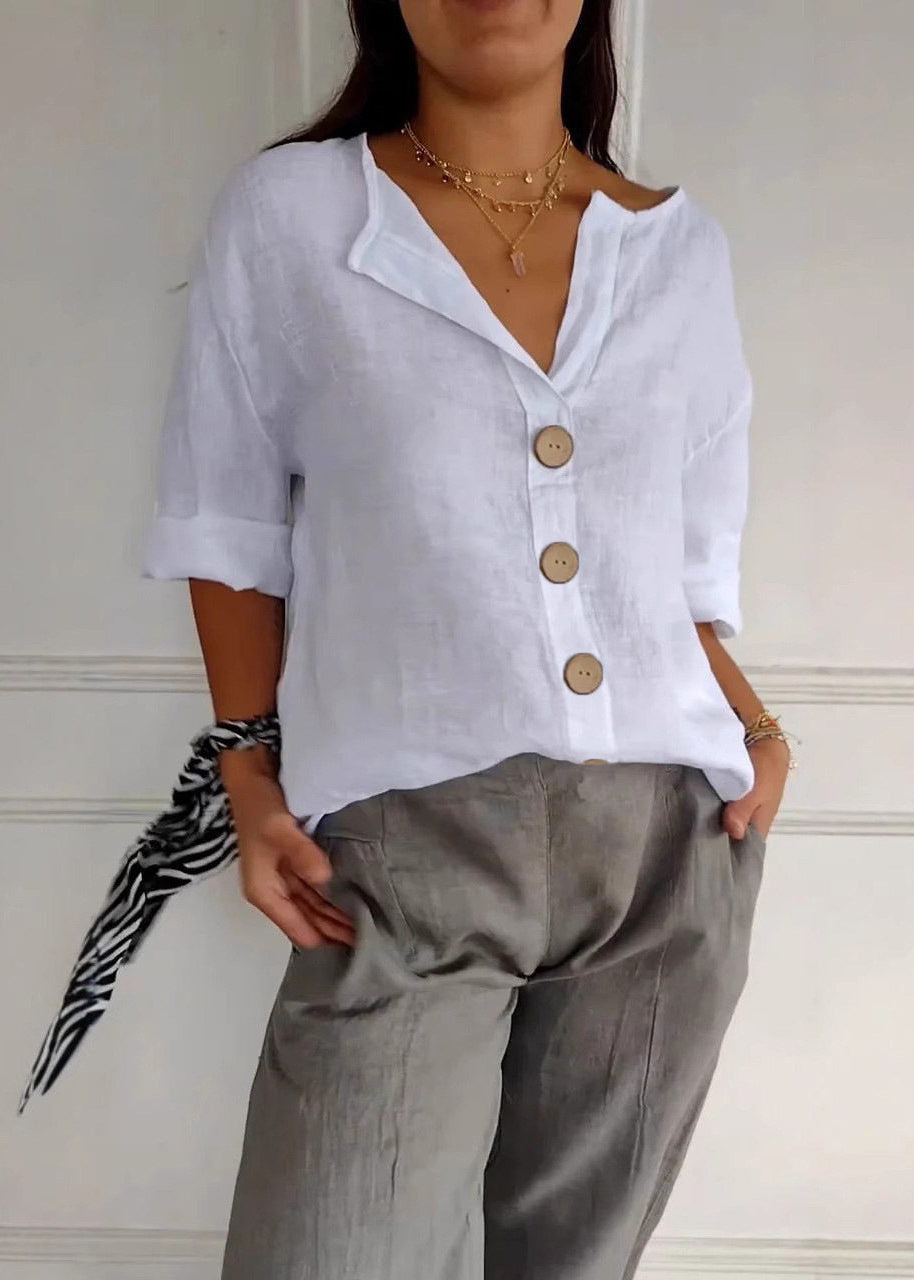 Women's Boho Top V Neck Patchwork Button Detail 1