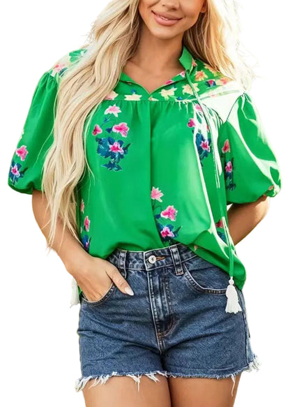 Women’s Boho V Neck Tasseled Print Top 0