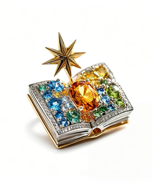 Women's Brooch Magic Book Design with Rainbow Crystal Detail 4