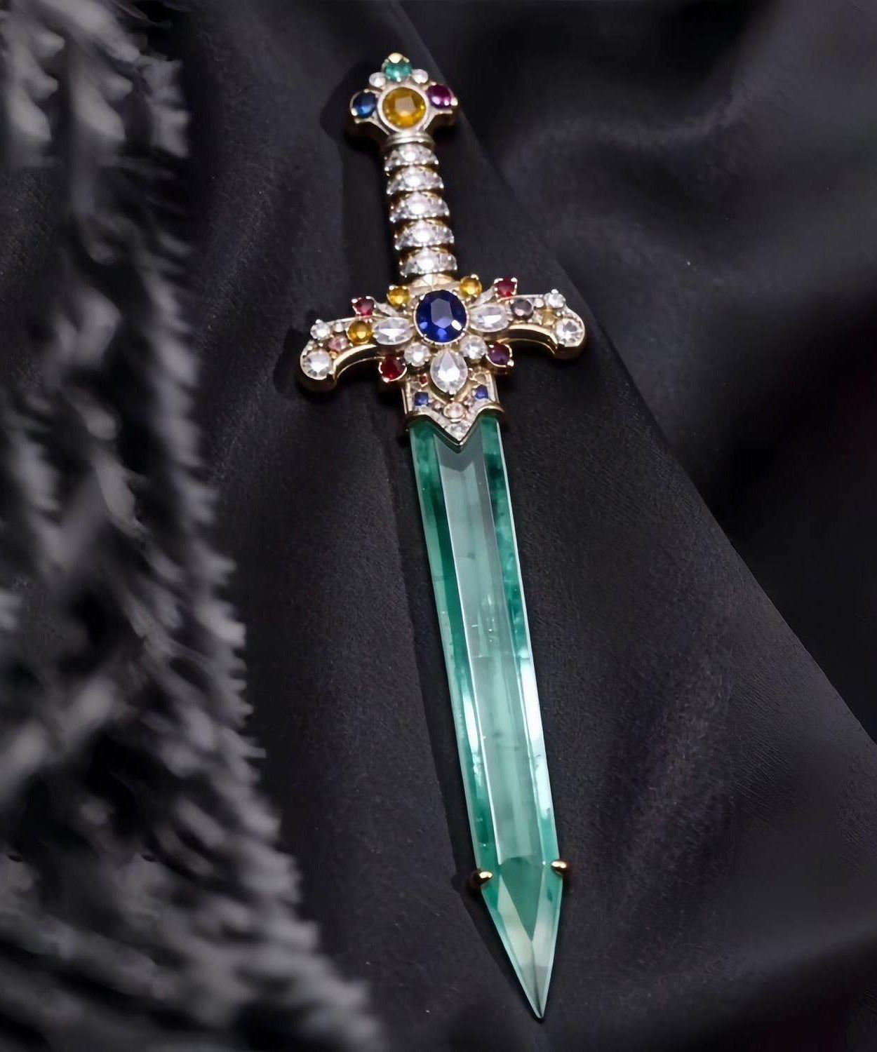 Women's Brooch Sword Design Inlaid Jade Accent 1
