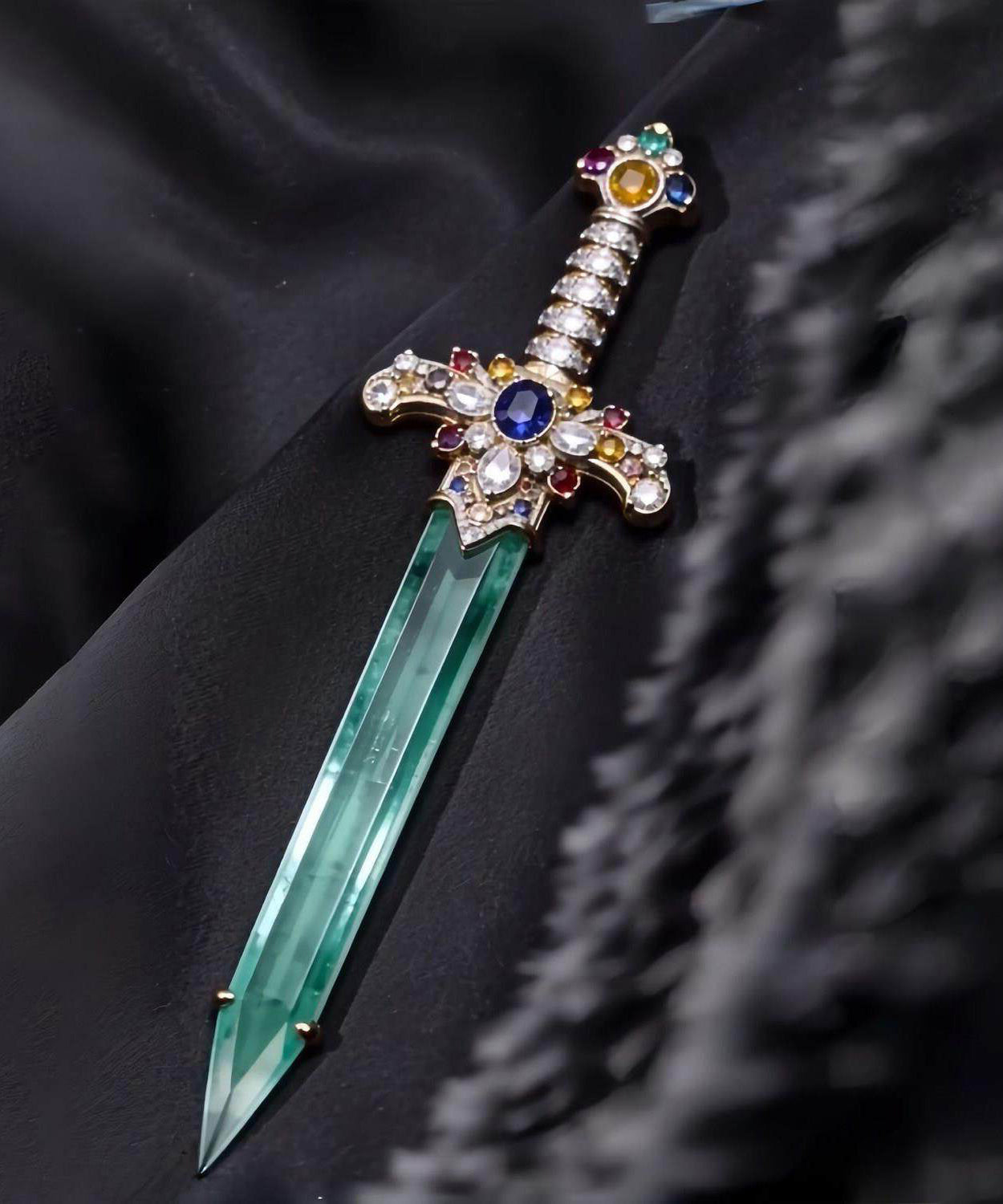 Women's Brooch Sword Design Inlaid Jade Accent 2