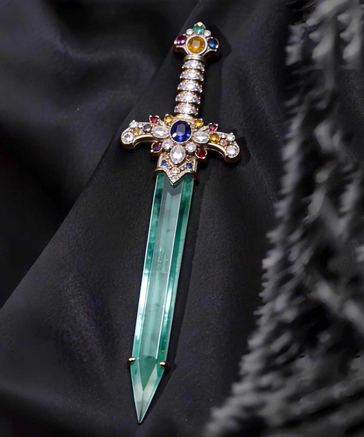 Women's Brooch Sword Design Inlaid Jade Accent 3