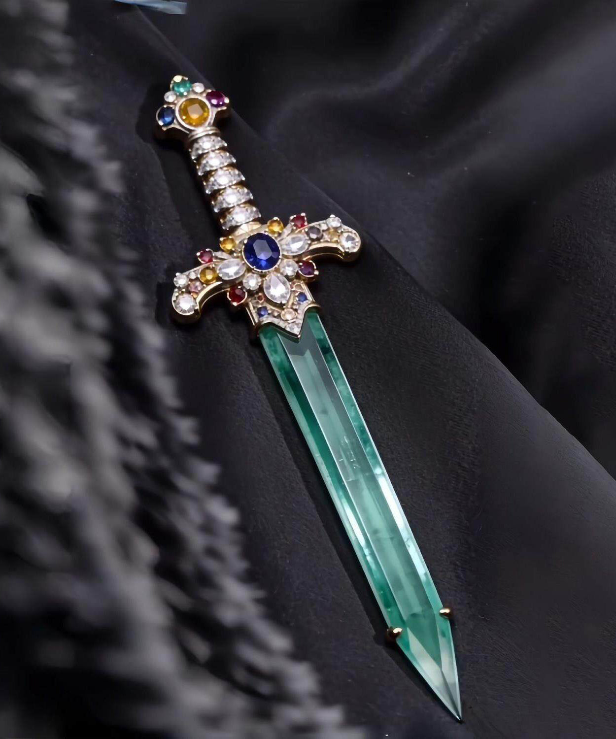 Women's Brooch Sword Design Inlaid Jade Accent 4