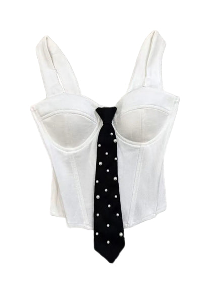 Women's Bustier Top Slim Fit with Pearl Necktie Detail 4