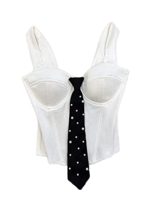 Women's Bustier Top Slim Fit with Pearl Necktie Detail 4