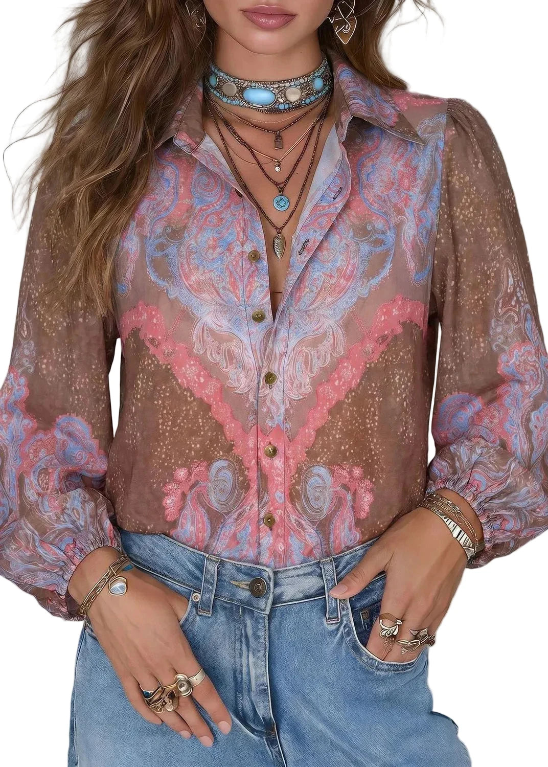 Women's Button-Up Shirt with Peter Pan Collar and Print 0