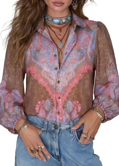 Women's Button-Up Shirt with Peter Pan Collar and Print 0