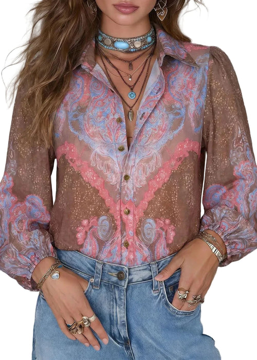 Women's Button-Up Shirt with Peter Pan Collar and Print 0
