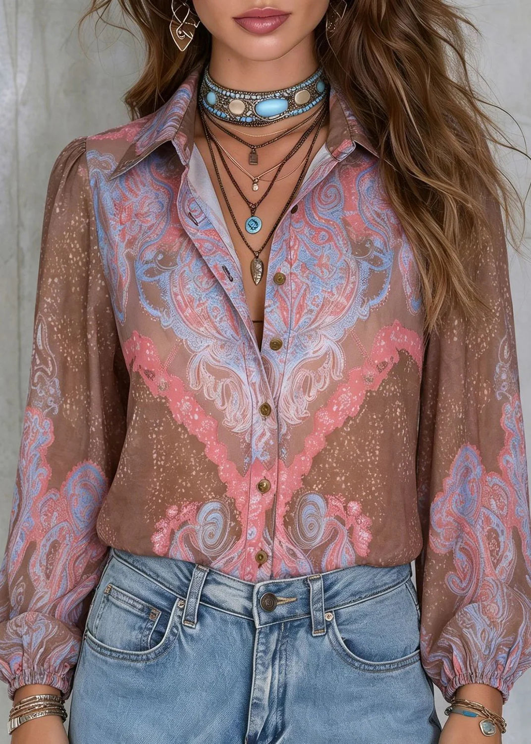 Women's Button-Up Shirt with Peter Pan Collar and Print 1