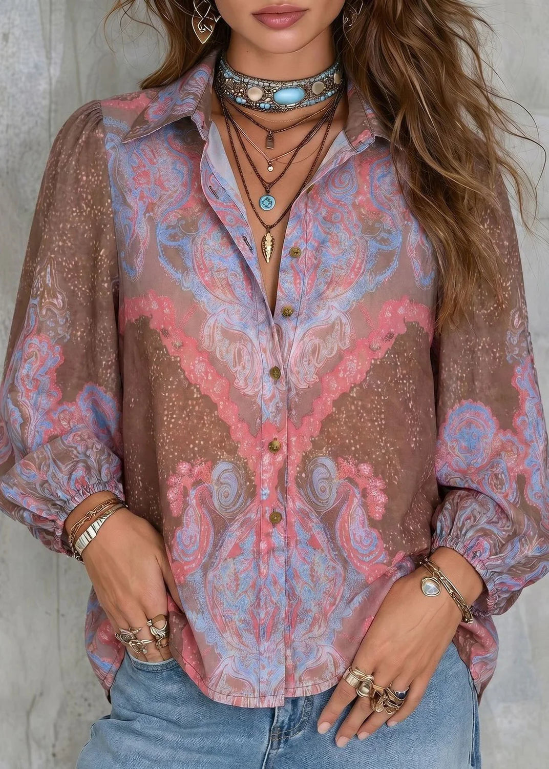 Women's Button-Up Shirt with Peter Pan Collar and Print 3
