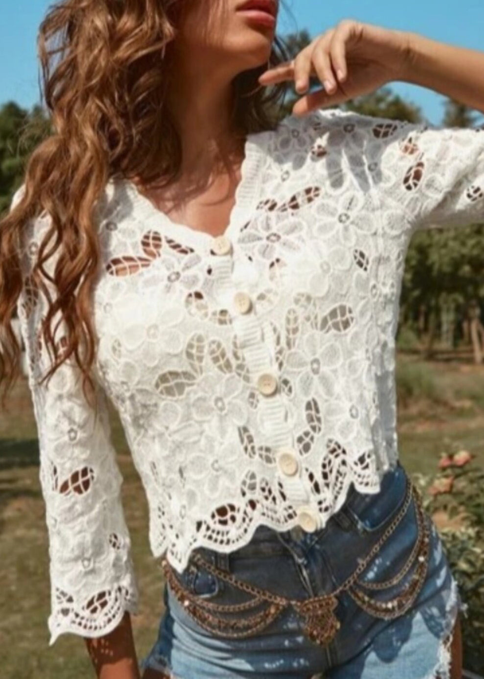 Women's Button Down Lace Blouse Hollow Out Summer Style 3