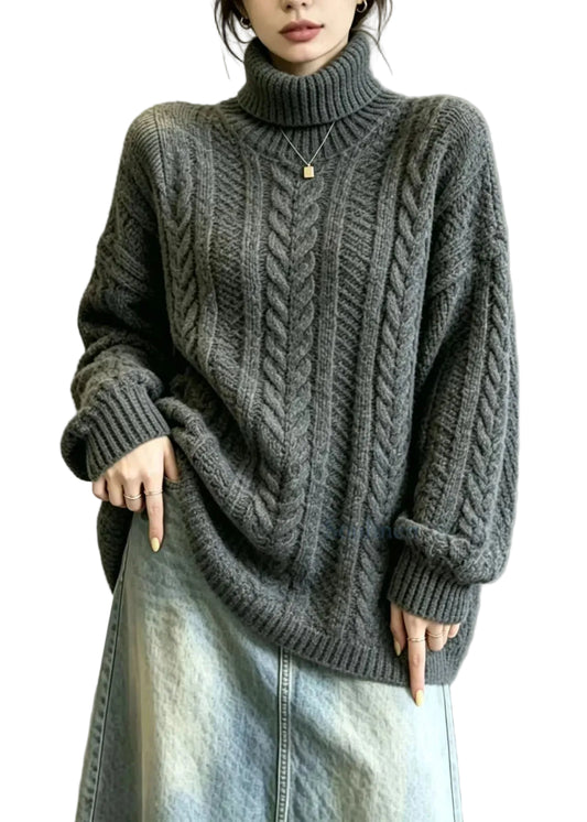 Women's Cable Knit Pullover High Neck Oversized Long Sleeve 0