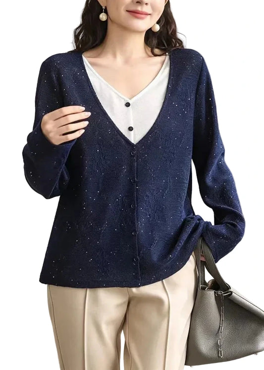 Women's Cardigan Casual Two-Piece V-Neck with Sequin Detail 0