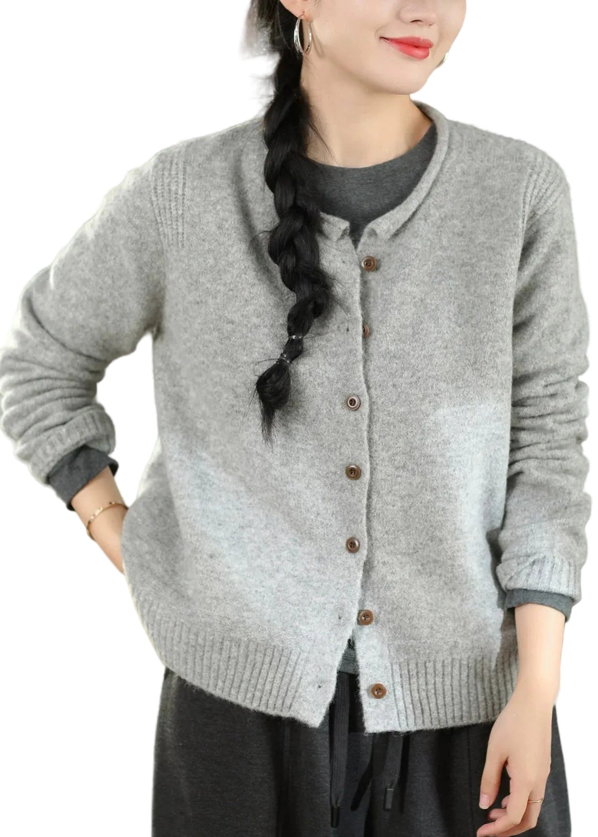 Women's Cardigan Sweater Button Front Patchwork Design O-Neck 0
