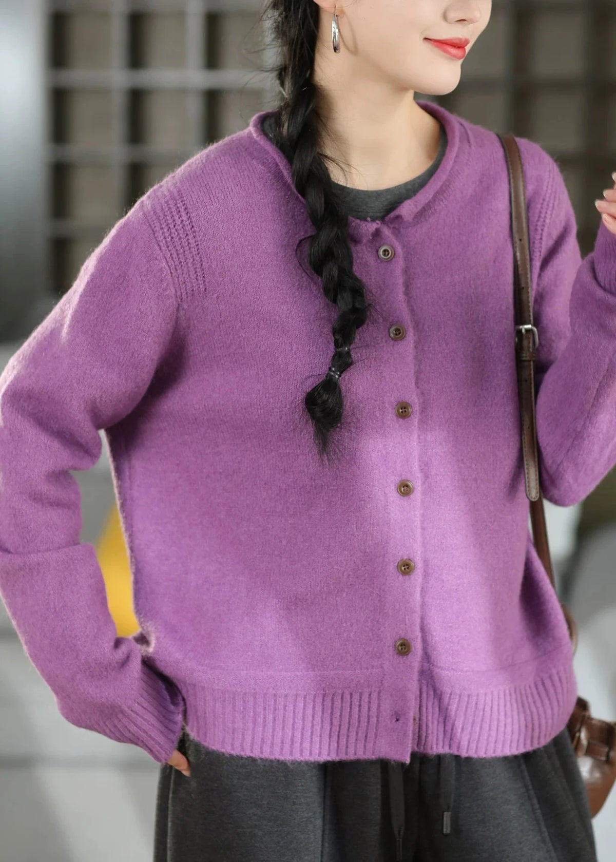 Women's Cardigan Sweater Button Front Patchwork Design O-Neck 2