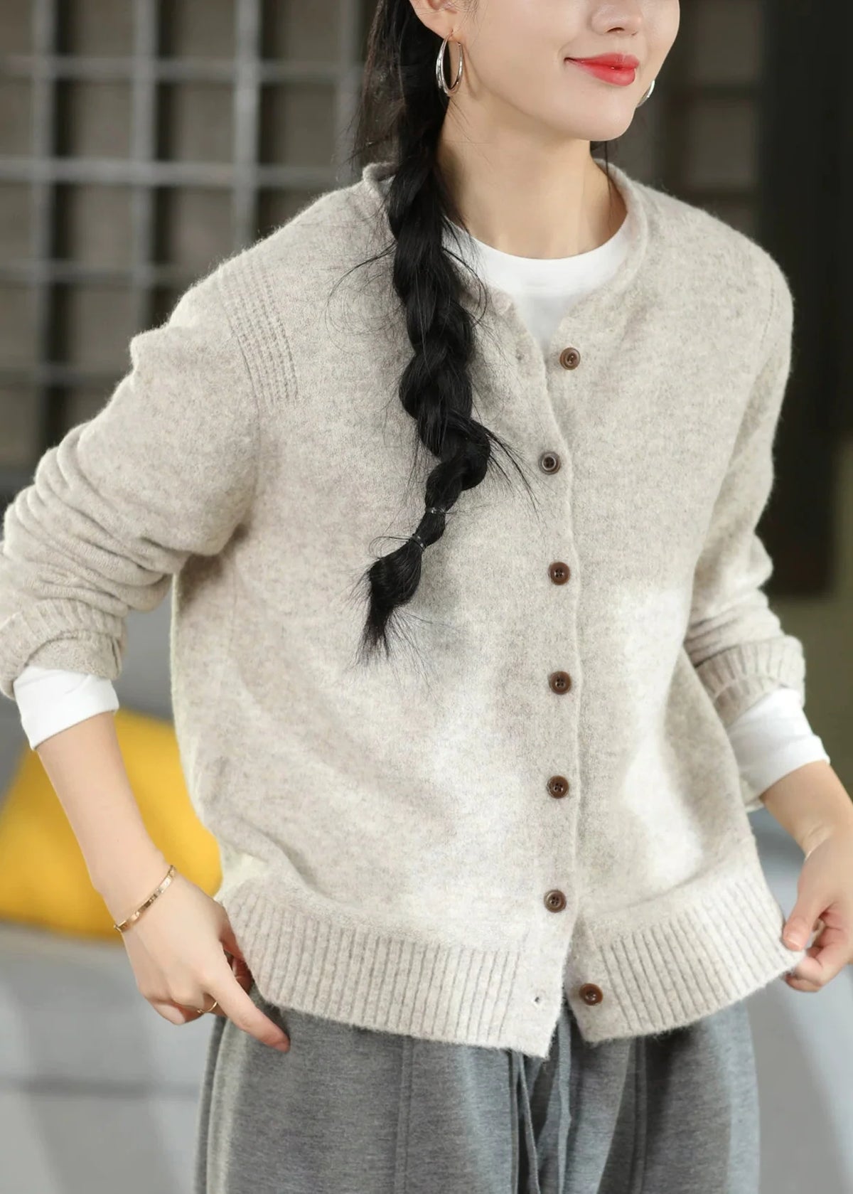 Women's Cardigan Sweater Button Front Patchwork Design O-Neck 4
