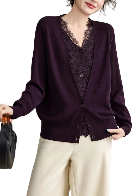 Women's Cardigan V Neck Lace Patchwork Knit Two-Piece Style 0