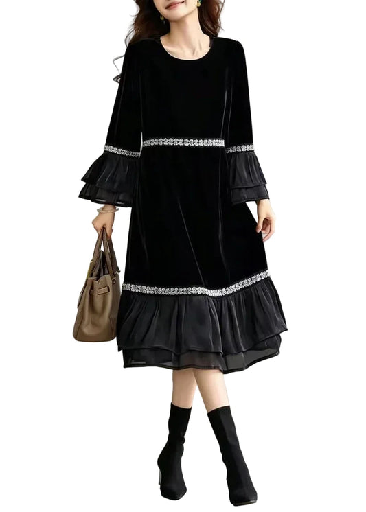 Women's Casual Dress O-Neck Ruffled Patchwork 0