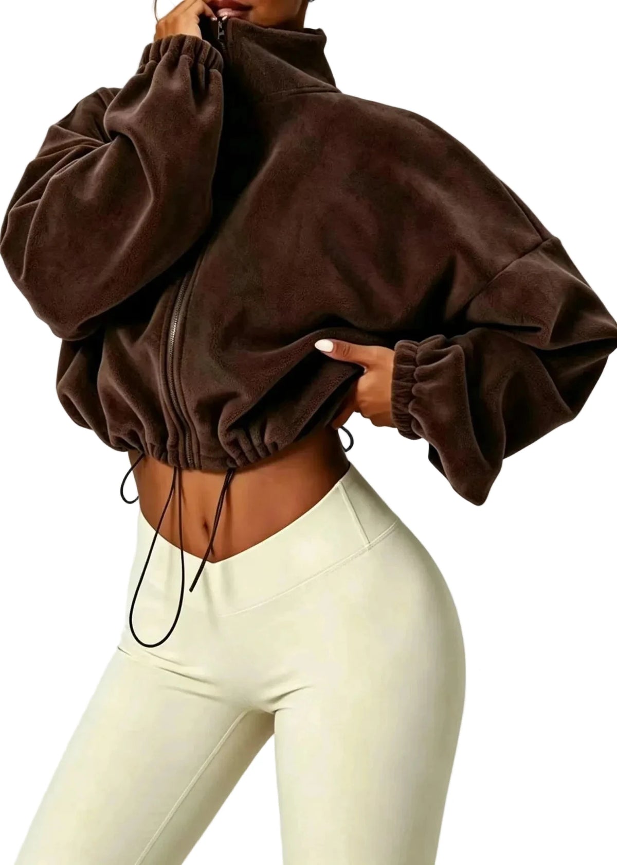 Women's Casual Fleece Jacket Stand Collar Zippered Drawstring 0
