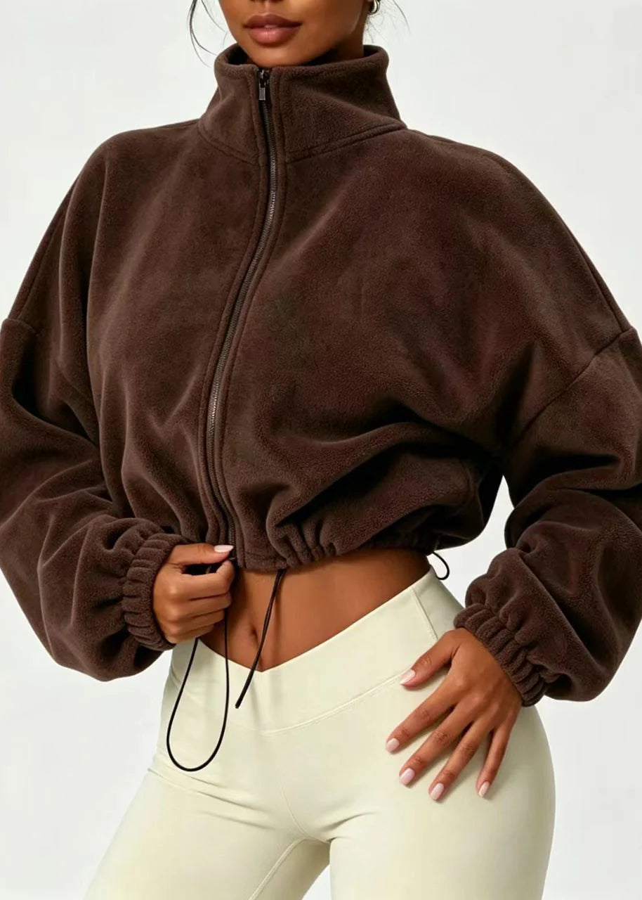 Women's Casual Fleece Jacket Stand Collar Zippered Drawstring 1