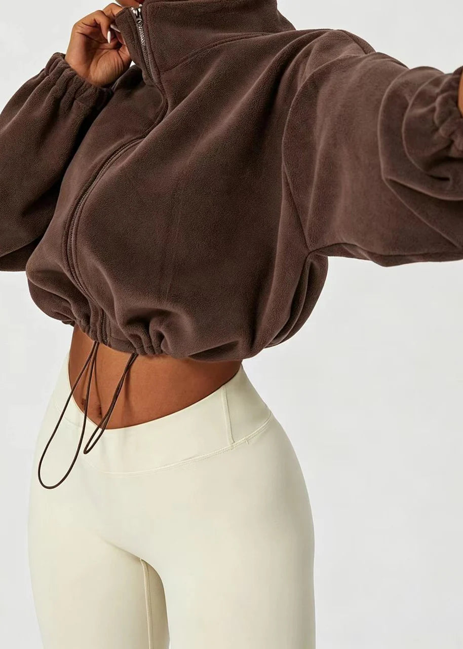 Women's Casual Fleece Jacket Stand Collar Zippered Drawstring 2