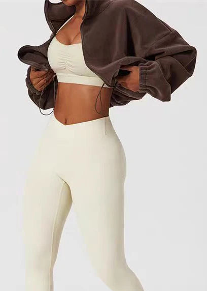 Women's Casual Fleece Jacket Stand Collar Zippered Drawstring 3