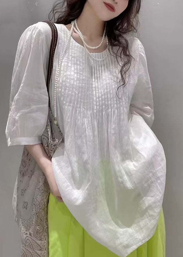Women's Casual O-Neck Top Wrinkled Style 1