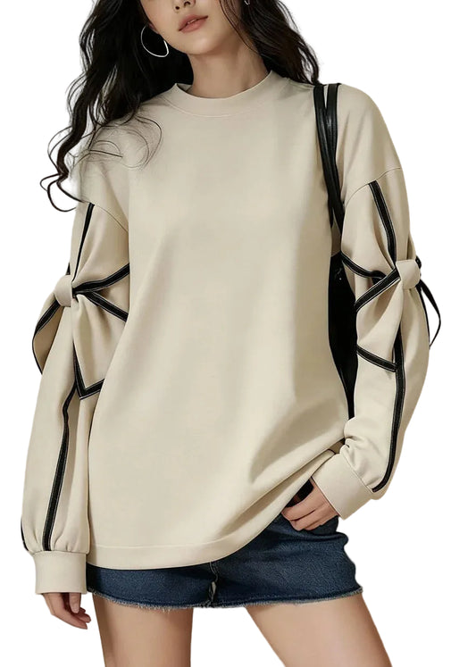 Women's Casual Sweatshirt Bow Tie Waist Patchwork Design 0