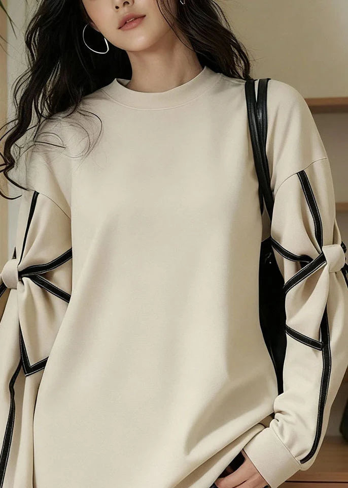 Women's Casual Sweatshirt Bow Tie Waist Patchwork Design 1