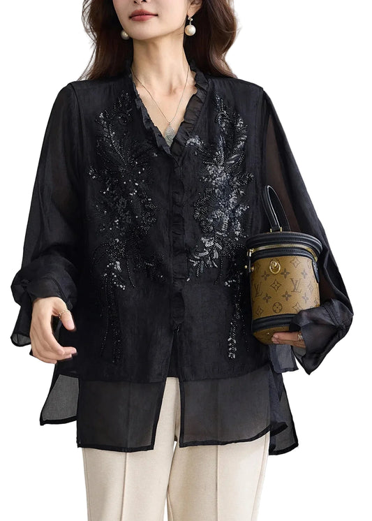 Women's Casual Two-Piece Shirt Set V Neck with Sequins 0