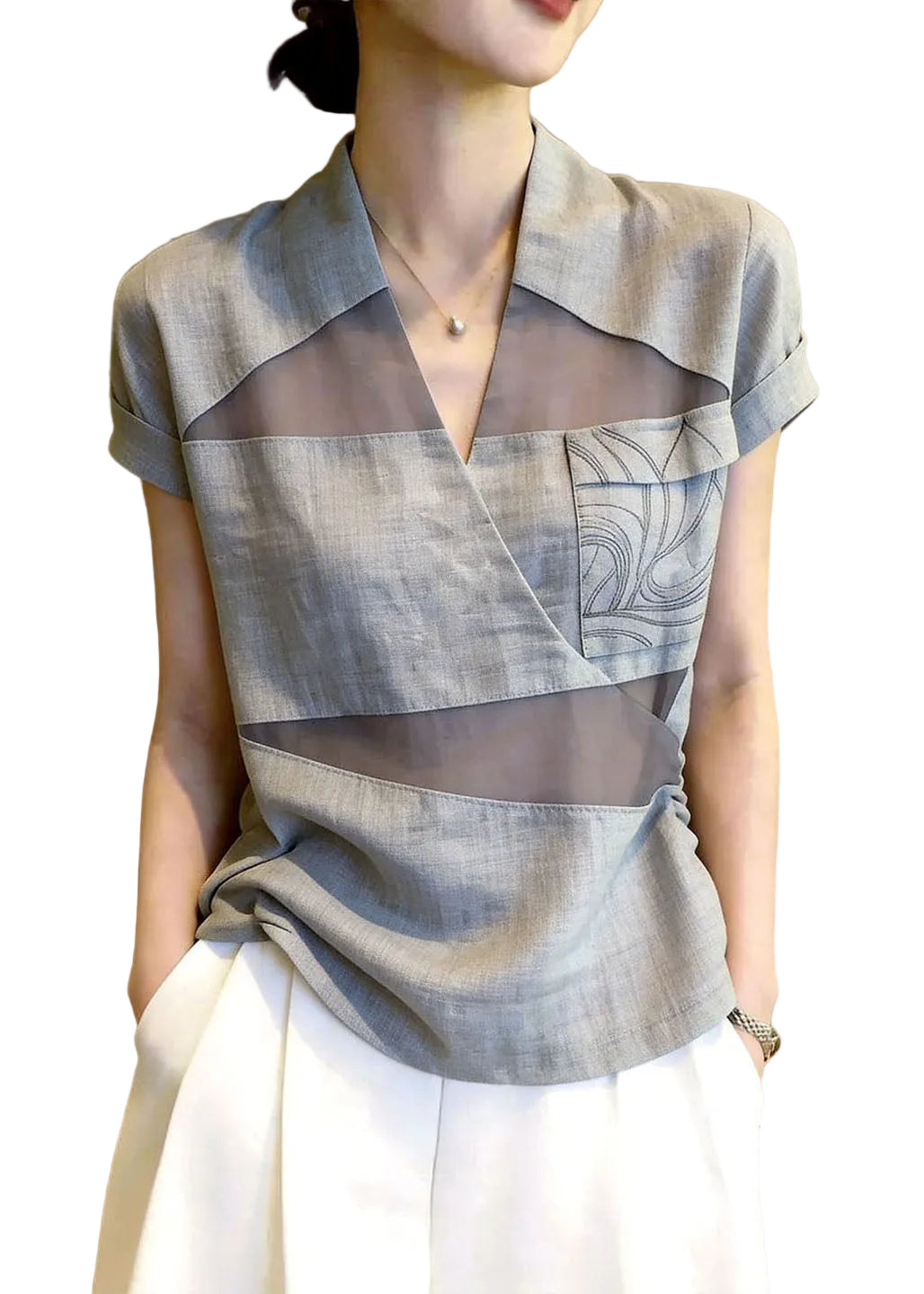 Women's Casual V Neck Patchwork Tulle Shirt Top 0
