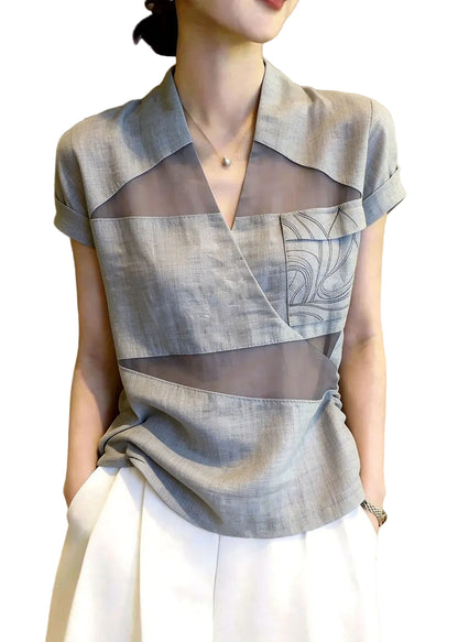 Women's Casual V Neck Patchwork Tulle Shirt Top 0