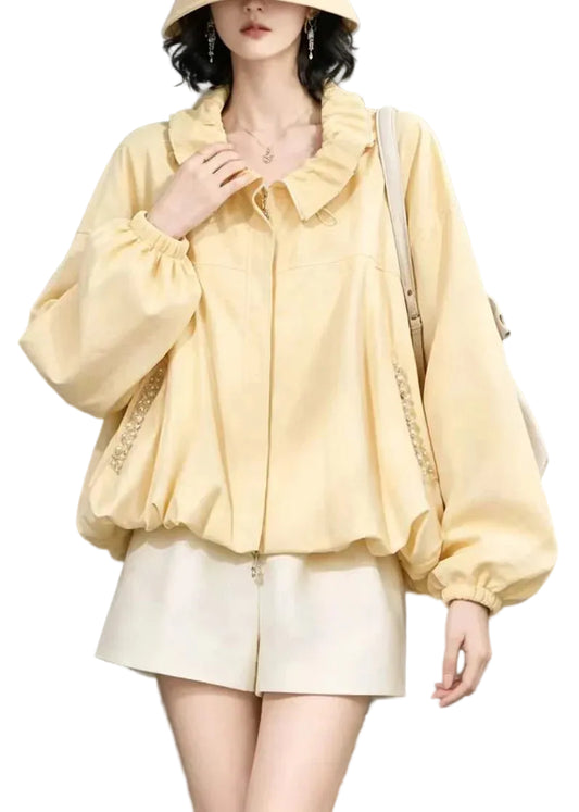 Women's Casual Zip-Up Jacket Ruffled Pockets 0