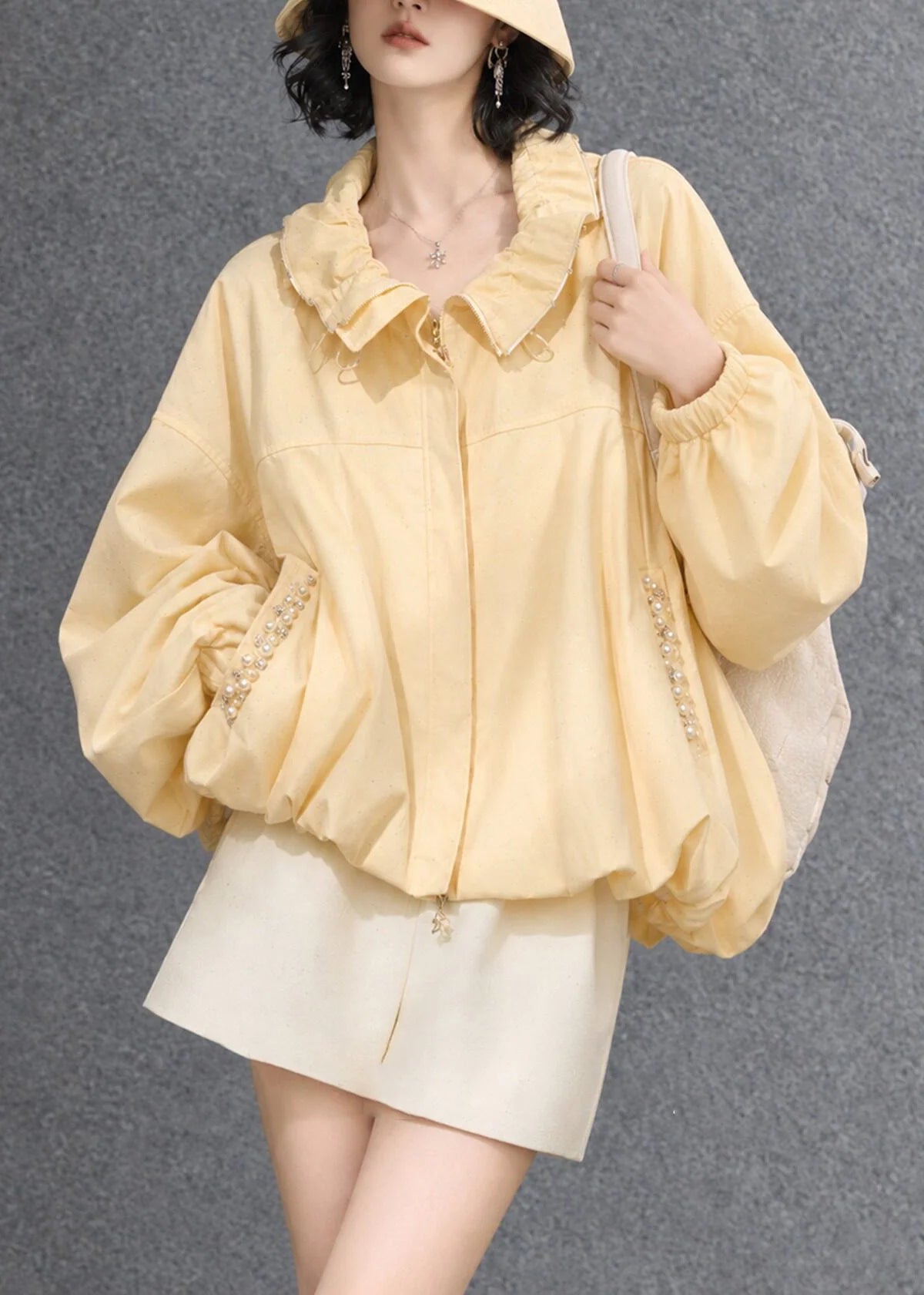 Women's Casual Zip-Up Jacket Ruffled Pockets 3