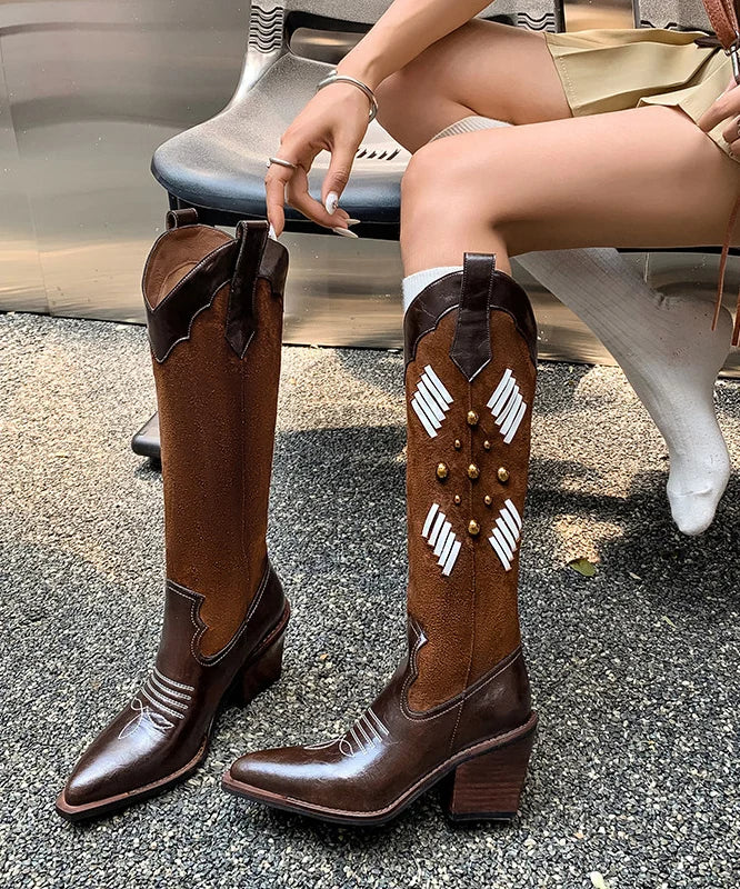 Women's Chunky Boots Embroidered Splicing Design 0