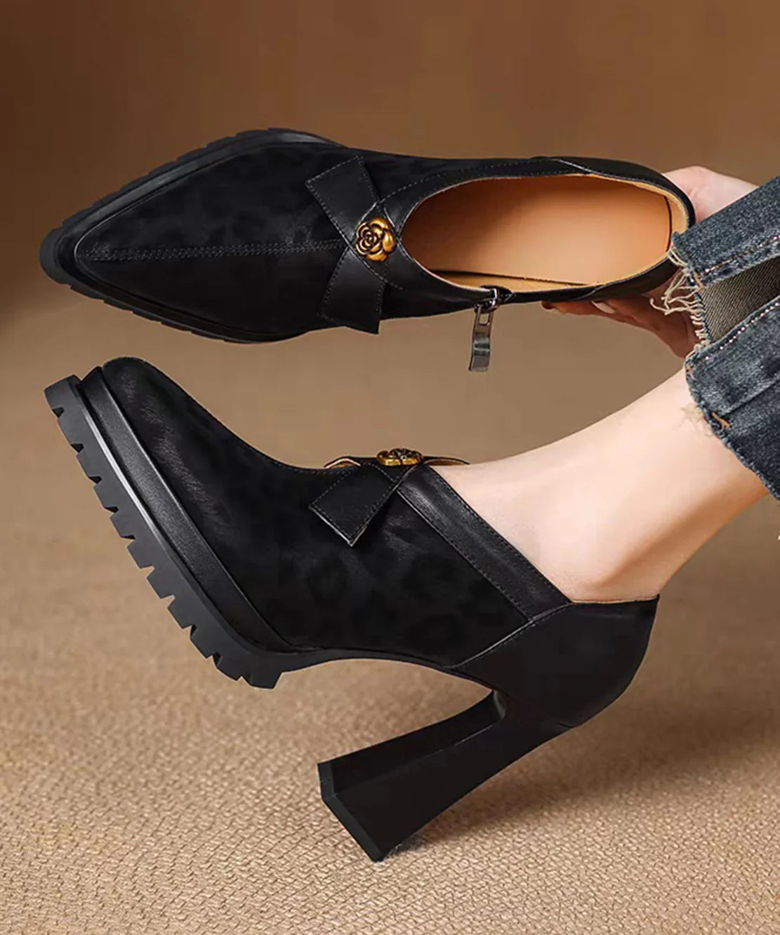 Women's Chunky Heel Platform Pumps Pointed Toe 3