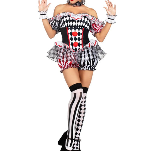 Women's Clown Jumpsuit Costume Off Shoulder with Hat and Stockings 0